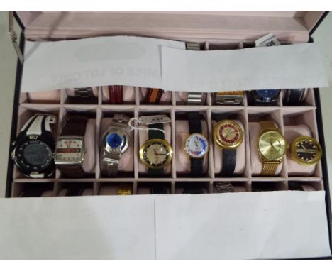 Eight gentleman's wristwatches to include a Henley digital with rubber strap, a Fossil, a brushed steel Storm watch, Cyma wit