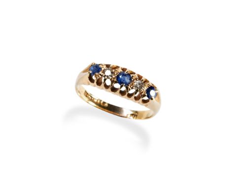 A SAPPHIRE AND DIAMOND FIVE STONE RING claw set with three mixed cut sapphires, with two old cut diamonds to a pierced head b