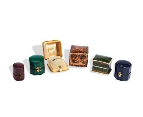 A COLLECTION OF RING BOXES including an early 20th century cream celluloid ring box, cream silk lid interior with gold writin