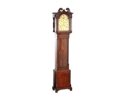 GEORGIAN MAHOGANY LONGCASE CLOCK WITH SWAN NECK PEDIMENT AND BRASS MOON ROLLER DIAL. JOSEPH KERR, MONAGHAN.DIAL: 13 X 19 INCH