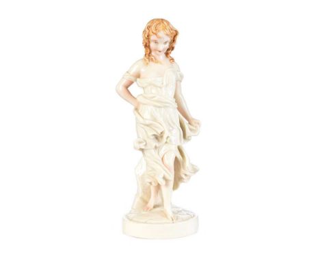 ROYAL WORCESTER FIGURE. IRISH COLEEN. RAISED ON A CIRCULAR FOOT BASE.HEIGHT: 11 INCHES. IN GOOD CONDITION.MARK WORN. 