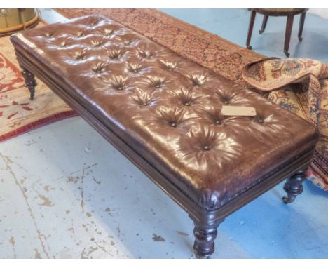 HEARTH STOOL, 19th century rosewood, rectangular buttoned and brass studded in vintage, leaf brown leather, adapted with turn