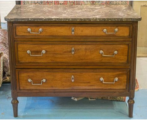 DIRECTOIRE COMMODE, late 18th century French mahogany and silvered metal mounted with grey marble top above three long drawer