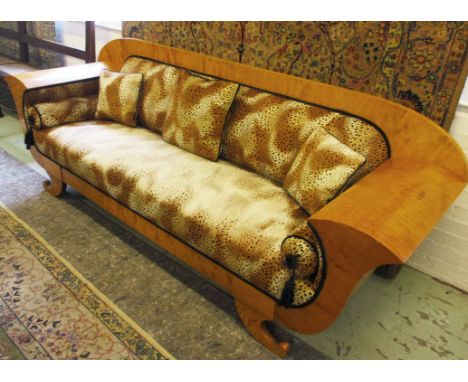 SOFA, Biedermeier design satin birch veneered with worn leopard skin effect upholstery and two bolster and three scatter cush