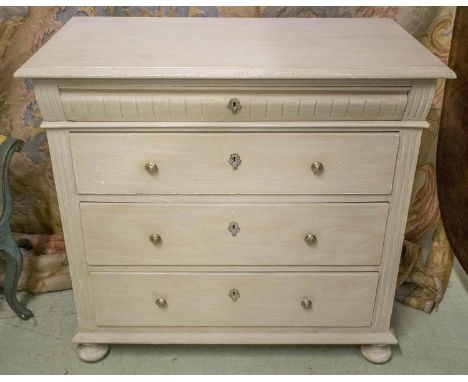 COMMODE, 19th century Gustavian grey painted with shaped frieze drawer above three long drawers and fluted pilasters, 100cm x