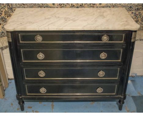 DIRECTOIRE STYLE COMMODE, ebonised and silvered metal mounted with four long drawers and marble top, 92cm x 43cm x 82cm H.