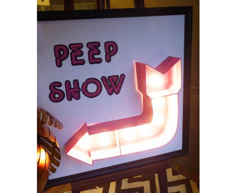 'PEEP SHOW' by Bee Rich, bespoke made light up wall signage, 90cm x 90cm.