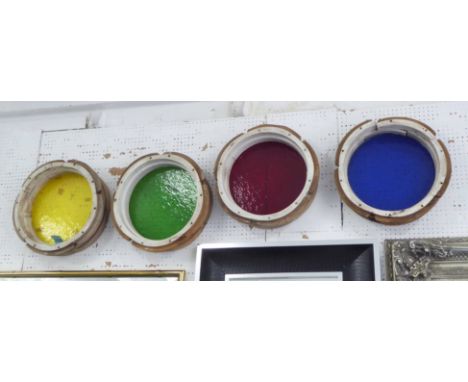 PORT WINDOWS, four, vintage stained glass in wall mounting frames, 50cm diam. (4)