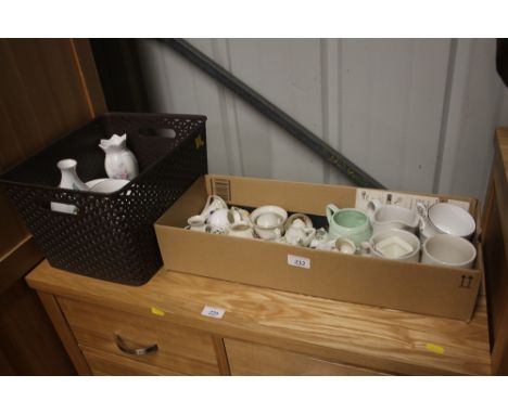 A box of mostly crested china and a box containing good quality china ornaments to include Royal Worcester, Wedgwood Wild Str