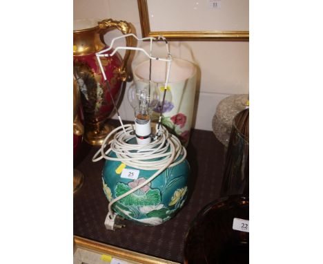 A large Elizabeth Radford pottery hand painted vase; and an oriental table lamp decorated with a crane 