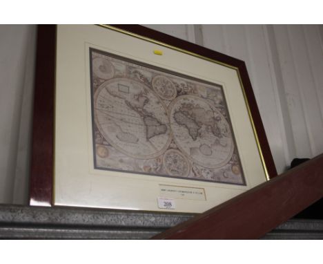 A framed and glazed map, Thomas Cavendish circumnavigation of the globe 1586