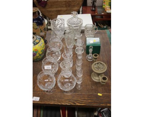 Six cut glass brandy balloons and various other glassware and a maple cased clock