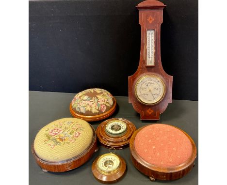 A Victorian mahogany tapestry topped circular foot stool;  others;  Edwardian inlaid mahogany aneroid barometer thermometer; 