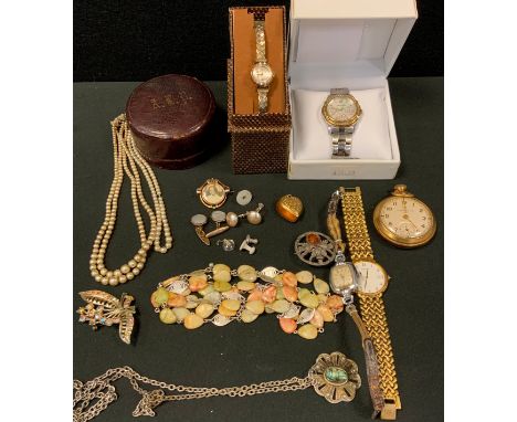 Watches &amp; Jewellery - an Art Deco sweetheart shield brooch;  heart pendant;  beads, brooches;  Ingersoll pocketwatch;  Mo