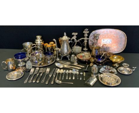 Silver Plate - an Ashberry plate tea set;  cocktail shaker; two branch candelabra;  flatware etc 