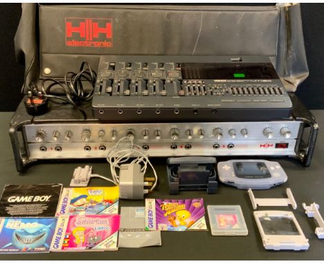 A 1970s HH MA100S PA 100 watt amplifier;  Yamaha MT120 multitrack cassette recorder;  Gameboy Advance console, Sabrina game 