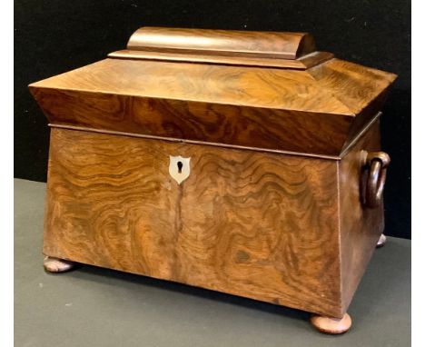 A 19th century Rosewood sarcophagus tea caddy, mother of pearl escutcheon, drop ring loop handles, 21cm high, 28cm long, 18cm