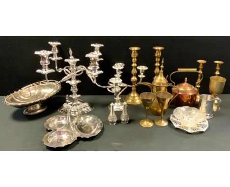 Silver plate &amp; Metalware - a large Epns four branch candelabra;  another smaller;  swing handle bowl;  two pairs of brass