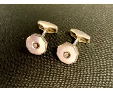 A diamond mother of pearl 925 silver dress shirt set, octagonal cufflinks and four dress shirt studs, total estimated diamond