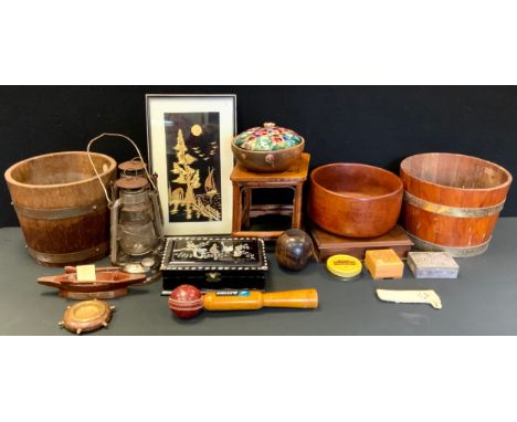 An R A Lister &amp; Co Ltd coopered oak bucket, 26.5cm diameter;  another larger, 27.5cm diameter;  oil lamps;  treen bowls, 