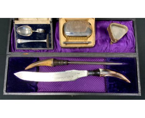 A George V silver mounted brush and comb, Birmingham 1926, case;  horn hafted carving knife etc 