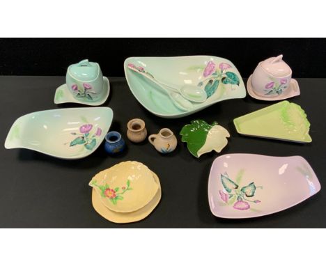 A Carltonware Convolvulus pattern salad bowl and servers;  preserve pot and cover, shaped bowl etc, c.1950 