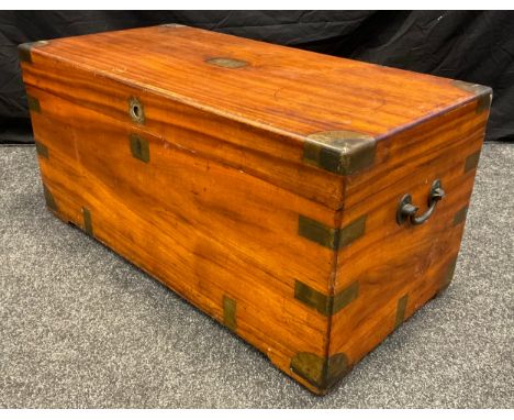 A 19th century Camphor wood campaign travelling trunk / chest, brass straps, recessed brass handle to front of lid, handles t