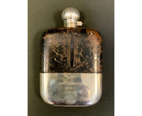 A late Victorian leather  and silver mounted glass hip flask, slip cup base, John Alexander Brewer, Kendal, James Dixon &amp;