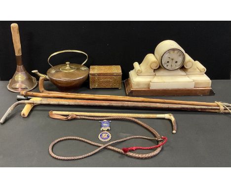 A Victorian Alabaster mantel clock, 41cm wide x 23cm tall; Royal Antediluvian Order of Buffaloes medal, dated 1919;  copper k