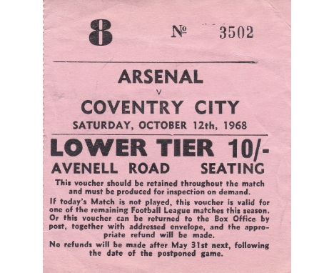 ARSENAL    Ticket Arsenal v Coventry, 12 Oct 1968. Light creasing.    Generally good