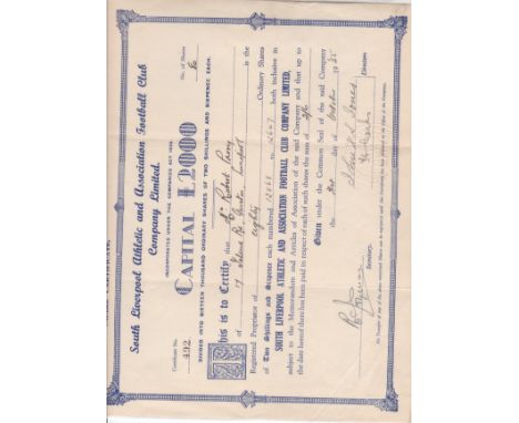 SOUTH LIVERPOOL  Share certificate for South Liverpool FC dated 31/10/1935  for eighty shares and signed by two Directors and