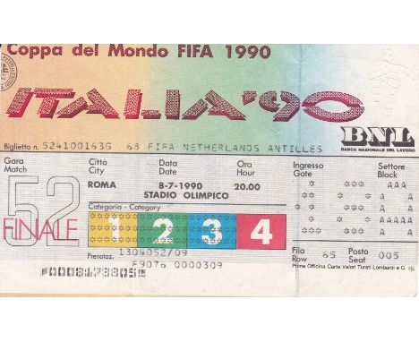WORLD CUP FINAL 1990 TICKET   Ticket for the Final, West Germany v Argentina, 8/7/90 in Rome, category 4 ticket, match 52. Fo