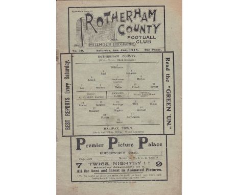 ROTHERHAM / HALIFAX 1914/15           Rotherham County v Halifax Town played Saturday 2 January 1915, first team fixture for 