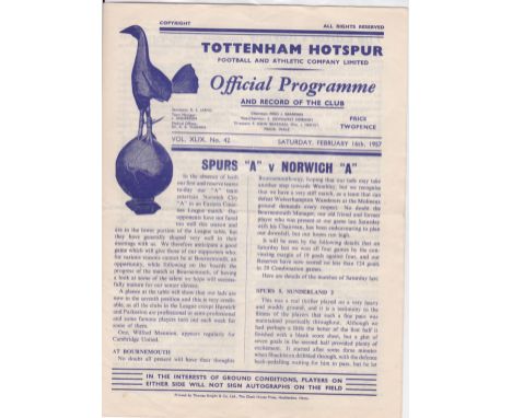 TOTTENHAM / NORWICH    4 Page programme Tottenham 'A' v Norwich City 'A' Eastern Counties League. 16 Feb 1957. Score, scorers