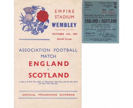 ENGLAND-SCOTLAND 44   Programme and ticket, England v Scotland, 14/10/44 at Wembley. The programme is signed on the team page