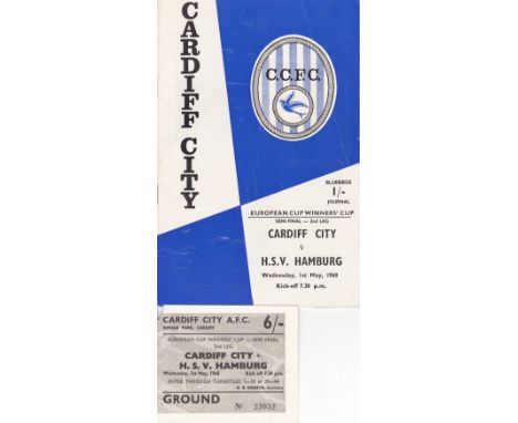 1968 ECWC SEMI-FINAL       Programme and ticket for the 2nd Leg at Cardiff v. Hamburg SV 1/3/1968. The ticket has minor paper