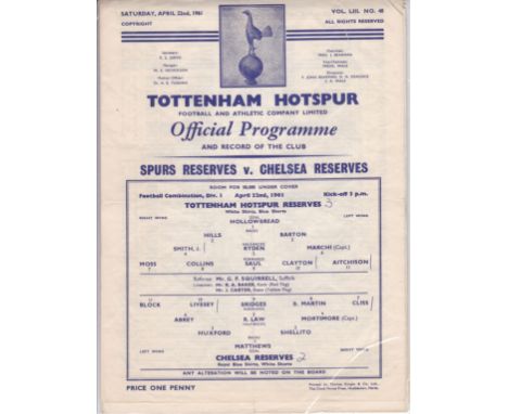 TOTTENHAM      Collection off 11 Tottenham home Reserve programmes from 60/61 Double season. 7 Single sheets v Millwall (LCC)