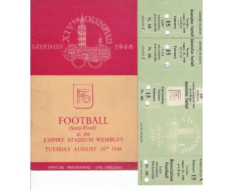 OLYMPICS 1948   Programme for the Football Semi-Final, Sweden v Denmark, 10/8/48 at Wembley together with an unused ticket fo