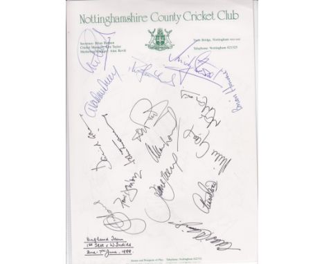 CRICKET    England v West Indies, Trent Bridge 1988, two sheets of County headed note paper signed by 19 West Indies and 16 E