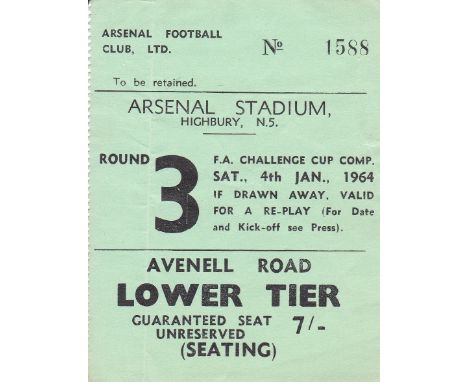 ARSENAL     Ticket Arsenal v Wolves, F A Cup 3rd Round, 4 Jan 1964.   Good