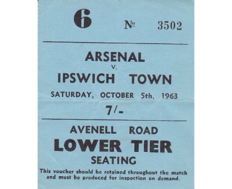 ARSENAL    Ticket Arsenal v Ipswich 5 Oct 1963. Light horizontal fold.   Generally good