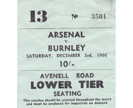 ARSENAL    Ticket Arsenal v Burnley 3 Dec 1966. Light creasing .   Fair-generally good
