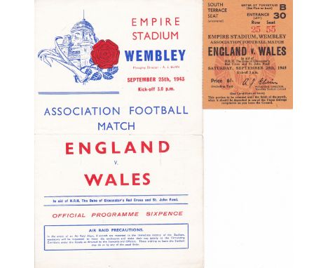 ENGLAND - WALES 43  Programme and ticket, England v Wales, 25/9/43 at Wembley, programme has fold but no writing, ticket for 