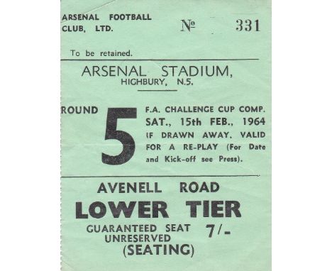 ARSENAL    Ticket Arsenal v Liverpool FA Cup 5th Round, 15 Feb 1964.    Good
