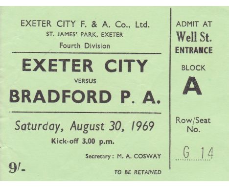 EXETER - BRADFORD P.A. TICKET 69   Ticket for Exeter v Bradford Park Avenue, 30/8/69, last Football League season for Park Av