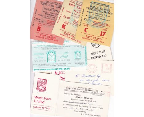 WEST HAM UNITED TICKETS        Seven tickets and 6 fixture lists. Tickets include Wally St. Pier Testimonial 5/5/1975 v. Fulh