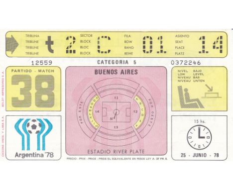WORLD CUP FINAL 1978 TICKET   Ticket for the Final, Argentina v Holland, 25/6/78 in Buenos Aires, category 5, match 38. Score