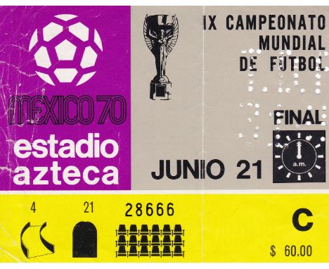 WORLD CUP FINAL 1970 TICKET   Ticket for the Final, Brazil v Italy in Mexico City, 21/6/70, C Class ticket, fold, creasing to