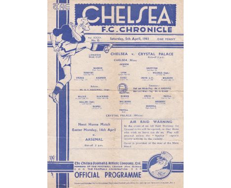 CHELSEA / CRYSTAL PALACE 1941 Programme Chelsea v Crystal Palace 5 Apr 1941. London War Cup. Single Sheet, folds with small t