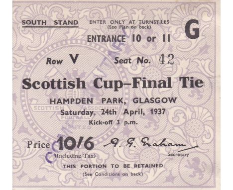 SCOTTISH CUP FINAL - 1937  TICKET    Scarce ticket for South Stand Seat, Scottish Cup Final, 24/4/1937, Celtic v Aberdeen at 